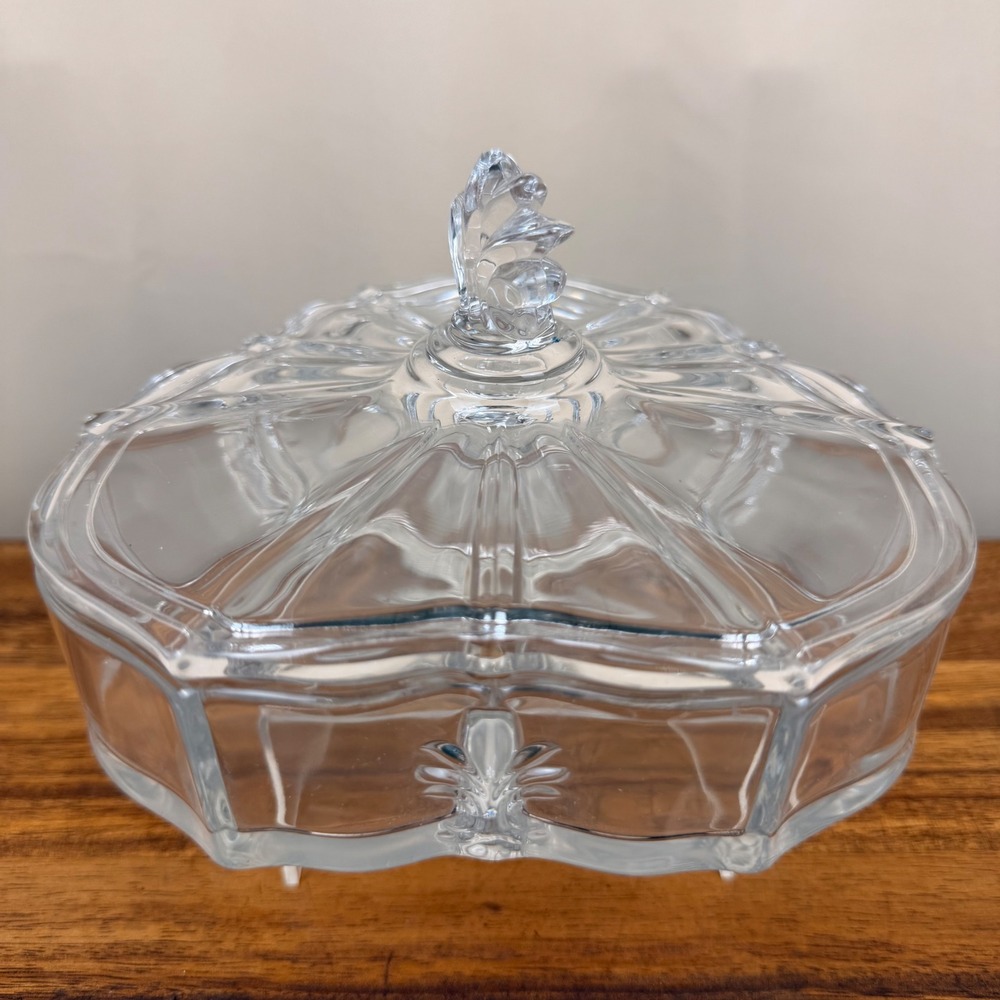 Fostoria Clear Glass Divided Candy Dish with Lid Fleur-de-Lis Flame Finial 7.5in
